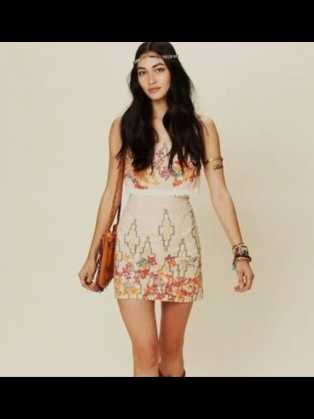 Free People Beige Linen Mini Dress with Orange & Pink Floral Embroidery NWOT! - Picture 2 of 10